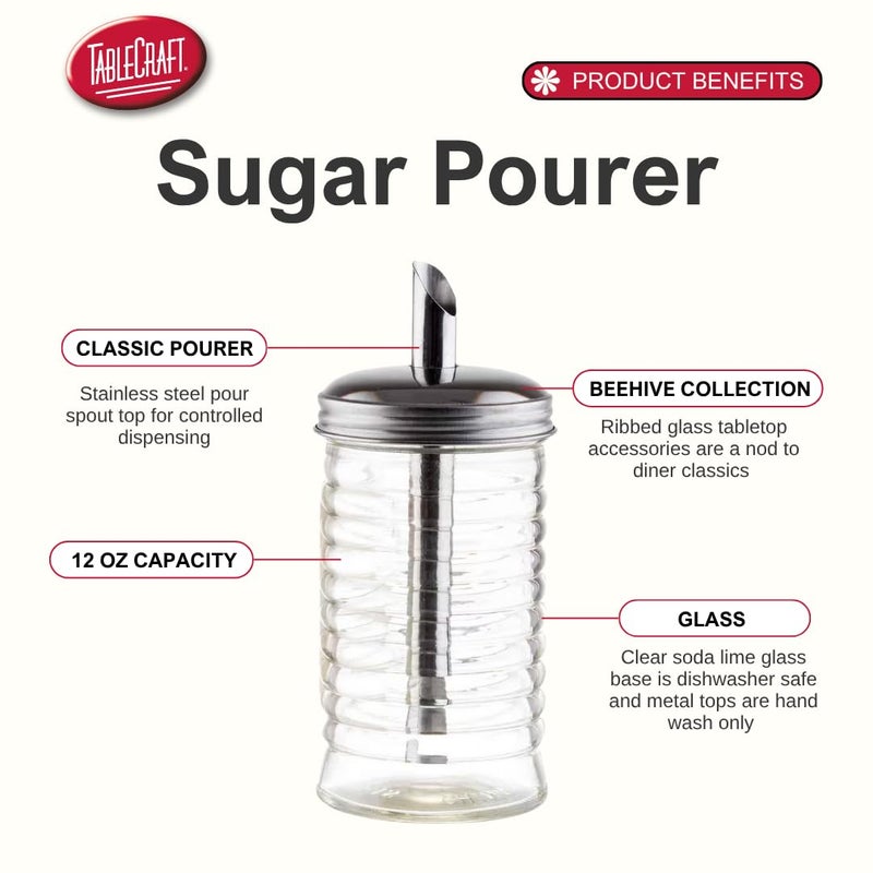 Tablecraft HBH860 Beehive Collection Sugar Pourer, 12 oz. Capacity, 6-5/8"H, Dishwasher Safe, Durable Stainless Steel Pour spout, Glass, Clear - Image 2