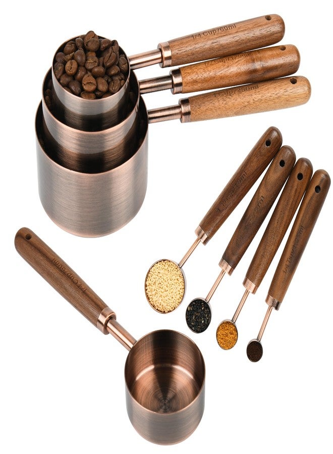 Kalsreui Measuring Cups and Spoons Set with Wood Handle, Stainless Steel Measuring Cup and Spoons Set, Copper Measuring Cups and Spoons for Kitchen & Baking - Image 1