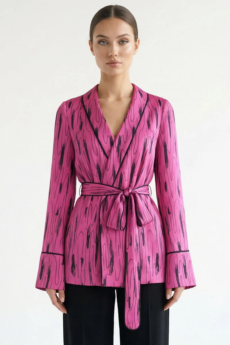EXQUISE Belted Patterned Regular Jacket
