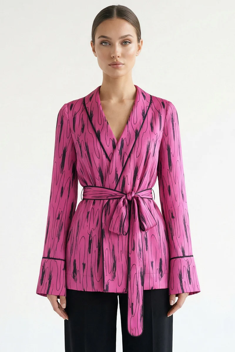 EXQUISE Belted Patterned Regular Jacket