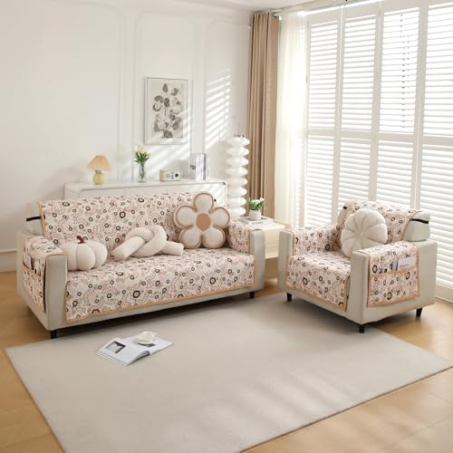 HOKIPO 'HomeHues Series' 1 Seater Quilted Printed Sofa Cover with Pockets, Light Peach Candytuft (IN-811-D6) - Image 5