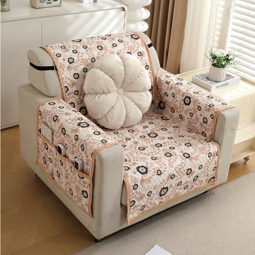 HOKIPO 'HomeHues Series' 1 Seater Quilted Printed Sofa Cover with Pockets, Light Peach Candytuft (IN-811-D6) - Image 2