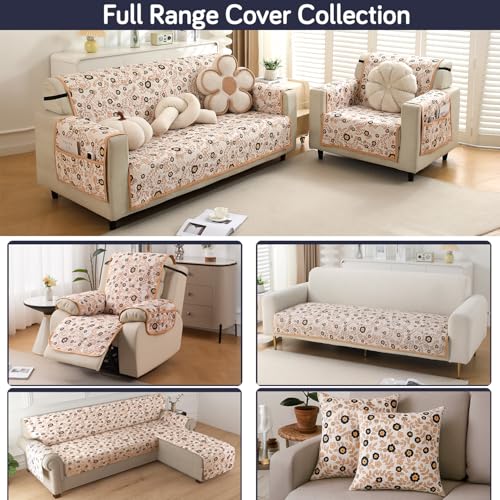 HOKIPO 'HomeHues Series' 1 Seater Quilted Printed Sofa Cover with Pockets, Light Peach Candytuft (IN-811-D6) - Image 4