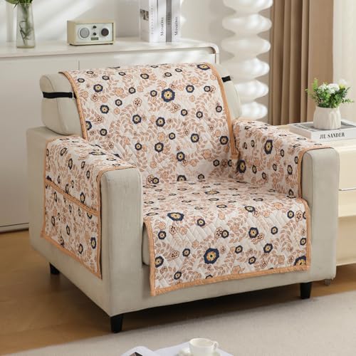 HOKIPO 'HomeHues Series' 1 Seater Quilted Printed Sofa Cover with Pockets, Light Peach Candytuft (IN-811-D6) - Image 1
