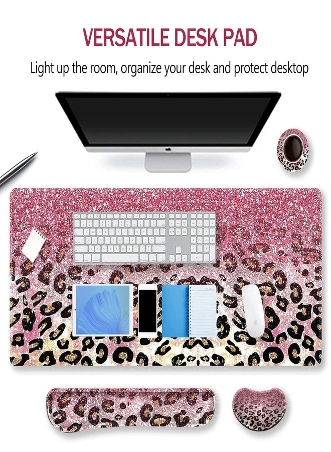 ARTSO Extended Gaming Mouse Pad Set, Keyboard Wrist Rest Support Pad + Wrist Cushion + XXL Large Mouse Pad + Coaster, Stitched Edge, Non-Slip, Memory Foam Desk Mat, Pink Leopard Print - Image 2