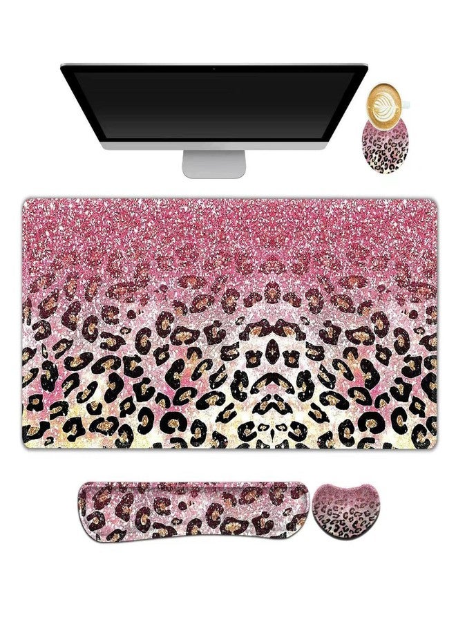 ARTSO Extended Gaming Mouse Pad Set, Keyboard Wrist Rest Support Pad + Wrist Cushion + XXL Large Mouse Pad + Coaster, Stitched Edge, Non-Slip, Memory Foam Desk Mat, Pink Leopard Print - Image 1