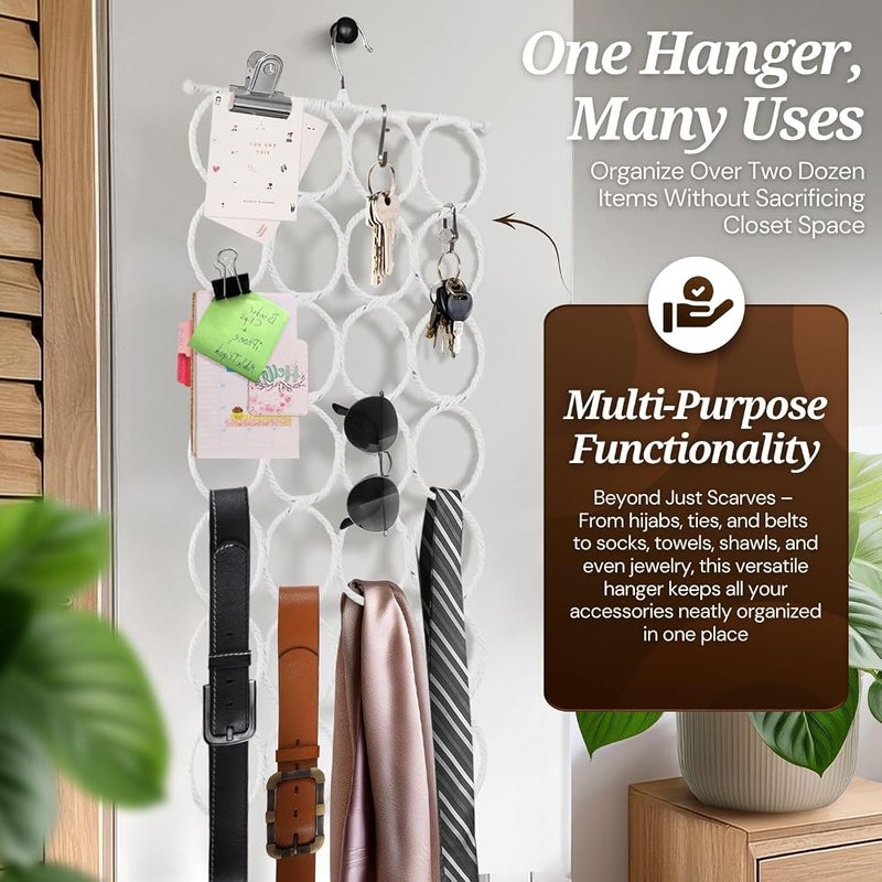 Flexzion Scarf Hanger Holder - (2 Pack, White) 28 Count Circles/Ring Slots Multifunctional Hanging Rack, Home Organizer, for Socks Scarf Ties Belt Mufflers Shawl/Door Closet Organization - Image 4