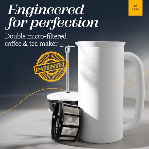ESPRO P7 French Press Stainless Steel – Patented Double Walled Micro-Filter Insulated French Press Coffee Maker, Grit-Free Brew - Heat Resistant Plastic Free Coffee Maker - Matte White (18oz) - Image 3