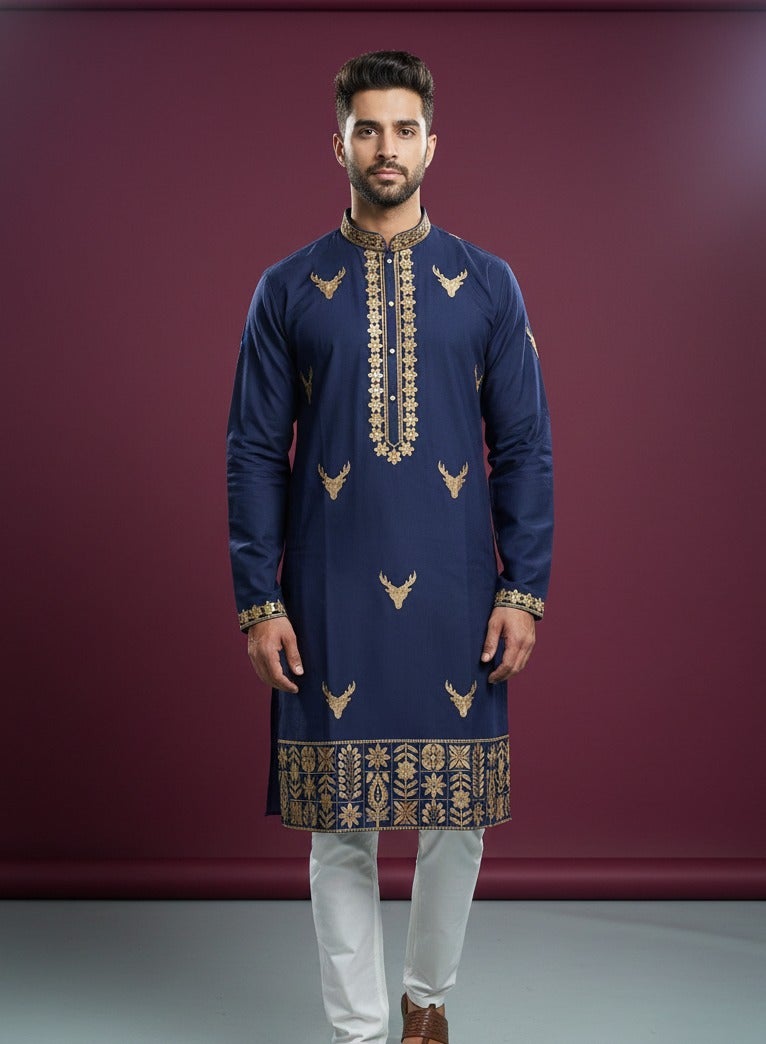 Regal navy blue kurta with gold embroidery and stag motif — Kurta Sets | Lehar Clothing UAE