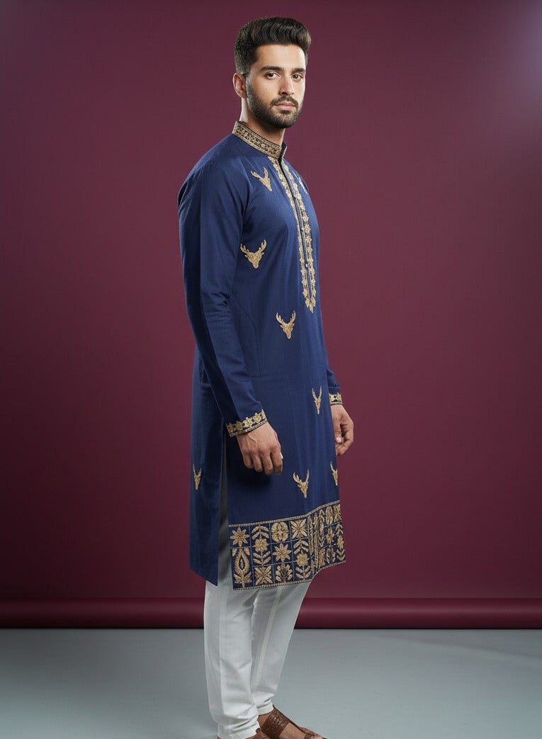 Regal navy blue kurta with gold embroidery and stag motif — Kurta Sets — view 2 | Lehar Clothing UAE