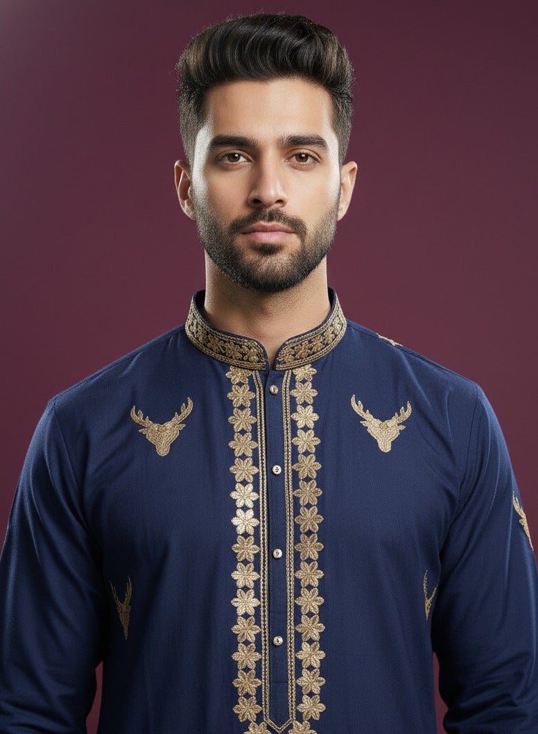 Regal navy blue kurta with gold embroidery and stag motif — Kurta Sets — view 3 | Lehar Clothing UAE