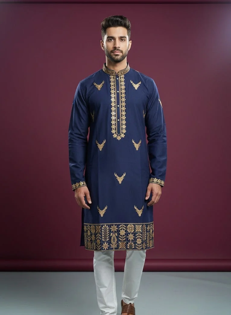 Lehar Regal Navy Blue Kurta with Gold Embroidery and Stag Motif