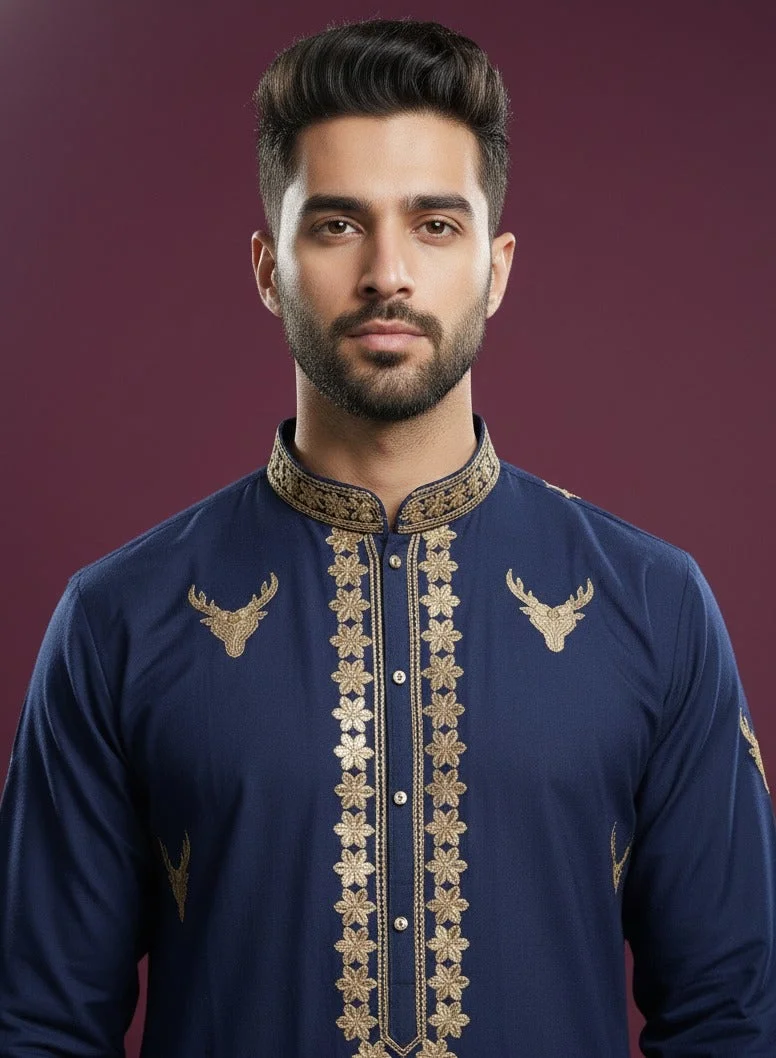 Lehar  Regal Navy Blue Kurta with Gold Embroidery and Stag Motif for Men | Best Price UAE