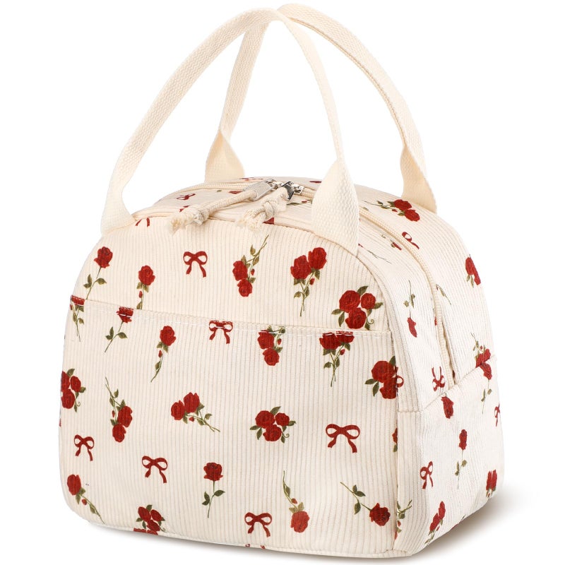Dansydaisy Red Bow and Flower Lunch Bag Cute Corduroy Red Rose Insulated Lunch Box for Women Coquette Tote Bag Reusable Large Capacity Cooler Containers Preppy Stuff Gifts for Picnics Travel Outdoor - Image 1