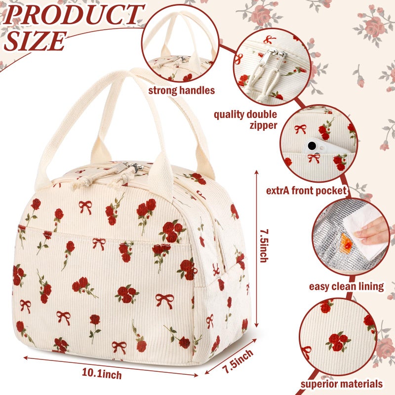 Dansydaisy Red Bow and Flower Lunch Bag Cute Corduroy Red Rose Insulated Lunch Box for Women Coquette Tote Bag Reusable Large Capacity Cooler Containers Preppy Stuff Gifts for Picnics Travel Outdoor - Image 2