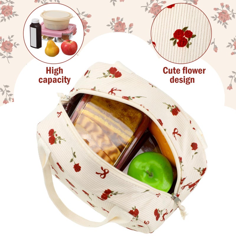 Dansydaisy Red Bow and Flower Lunch Bag Cute Corduroy Red Rose Insulated Lunch Box for Women Coquette Tote Bag Reusable Large Capacity Cooler Containers Preppy Stuff Gifts for Picnics Travel Outdoor - Image 4