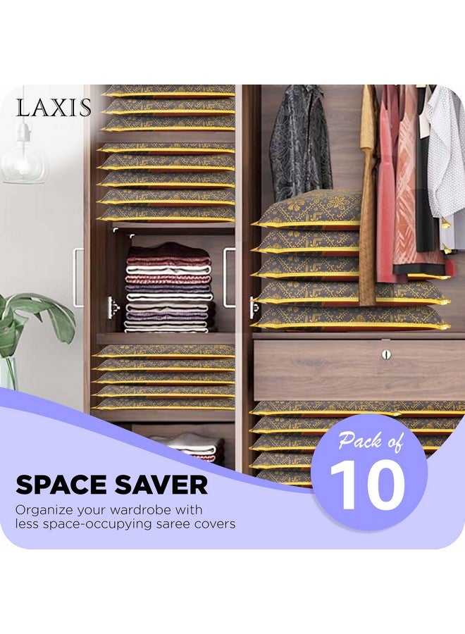 LAXIS HOMFIL Brand Non-Woven Single Saree Bags Transparent Saree Covers with Zip, Saree Covers for Storage, Wardrobe Organizer Saree Bags Size-36x42x2 CM (Golden Blue, Pack of 10) - Image 2