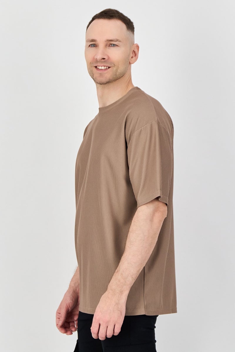 Core Elements Men Crew Neck Short Sleeve Brand Logo T Shirt, Taupe - Image 2