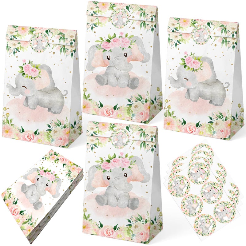 HaPiBiDesign 24 PCS Elephant Girl Party Favor Bags with Stickers Elephant Girl Party Candy Bags Pink Elephant Goodie Gift Treat Bags Pink Elephant Themed Birthday Party Supplies