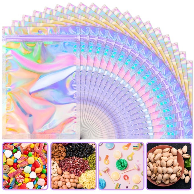 50 PIECES 5 X 8 HOLOGRAPHIC BAGS RESEALABLE SMELL PROOF BAGS HOLOGRAPHIC RAINBOW COLOR FOIL POUCH ZIP BAG FOR PARTY FAVOR FOOD STORAGE COFFEE BEANS CANDY JEWELRY PACKAGING