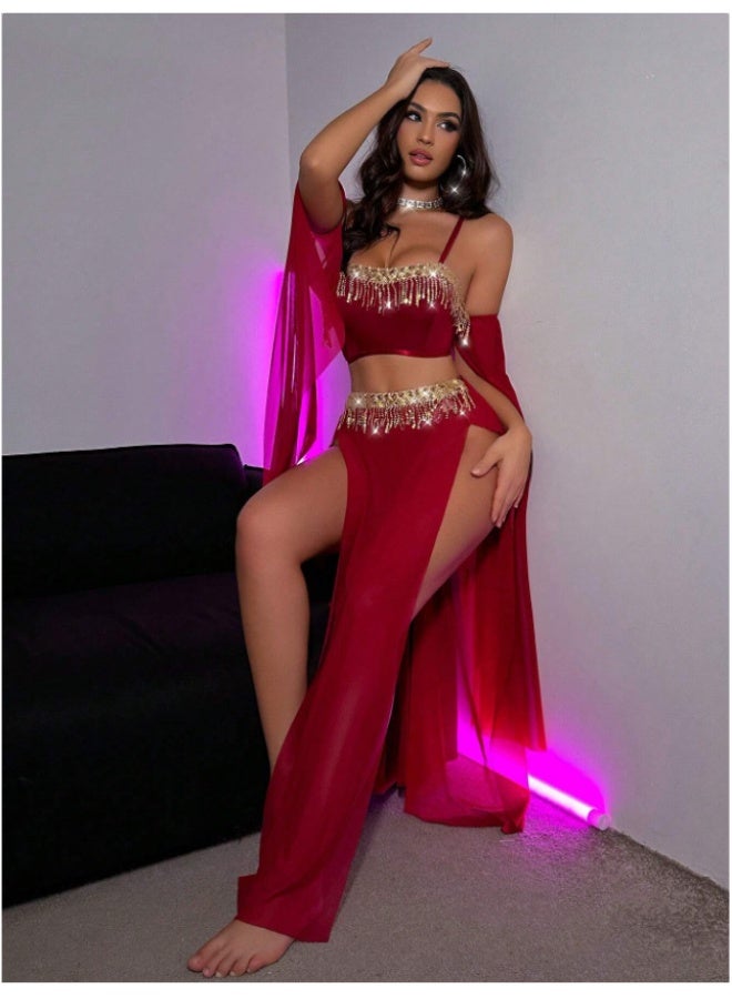 3 Piece Sparkly Tassel Chiffon Swimwear Set, Off Shoulder Sheer Sleeve Cover Up Bikini, Elegant Beach Party Outfit for Women - Image 2