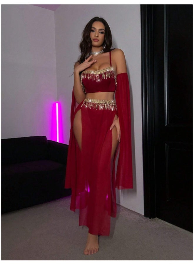 3 Piece Sparkly Tassel Chiffon Swimwear Set, Off Shoulder Sheer Sleeve Cover Up Bikini, Elegant Beach Party Outfit for Women - Image 1