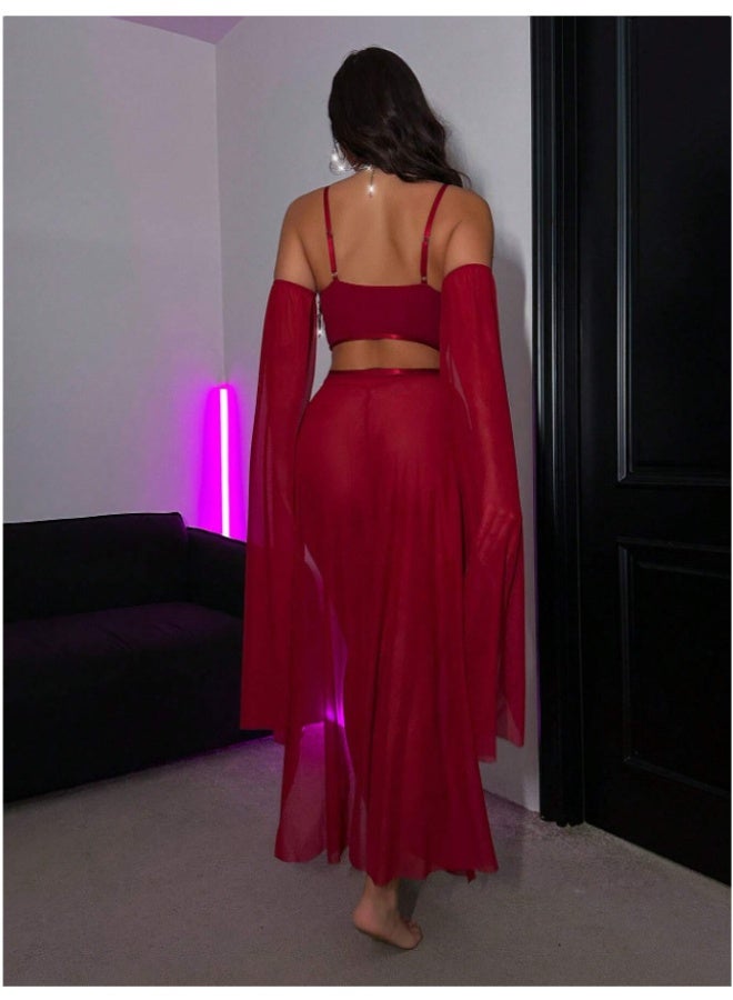 3 Piece Sparkly Tassel Chiffon Swimwear Set, Off Shoulder Sheer Sleeve Cover Up Bikini, Elegant Beach Party Outfit for Women - Image 4