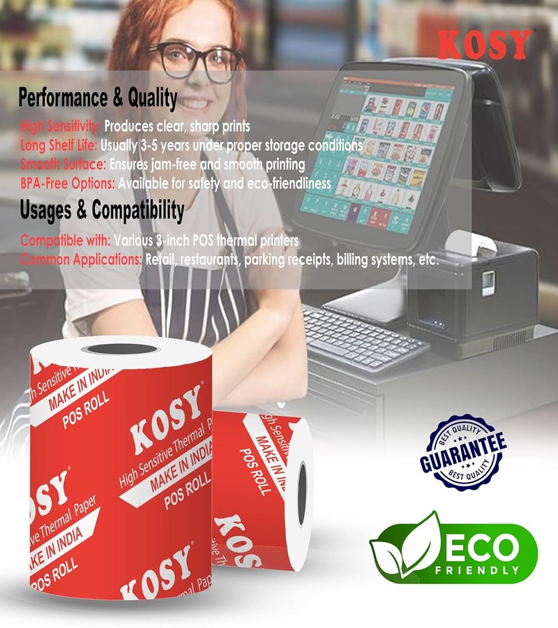 KOSY 80mm (3 Inch) BPA-Free Thermal Paper Rolls for POS Machine | Pack Of 36 | 3 Inch Receipt Paper Roll Compatible with Mini Thermal Printer & POS Machine, EDC Machine, Cash Register, ATM & More - Image 4