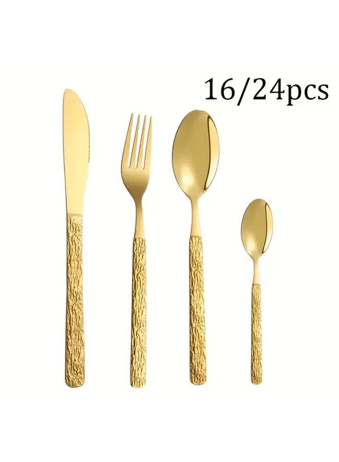 16Pcs Stainless Steel Stone Pattern Handle Golden Tableware Set For Dinner Party Gift - Image 1