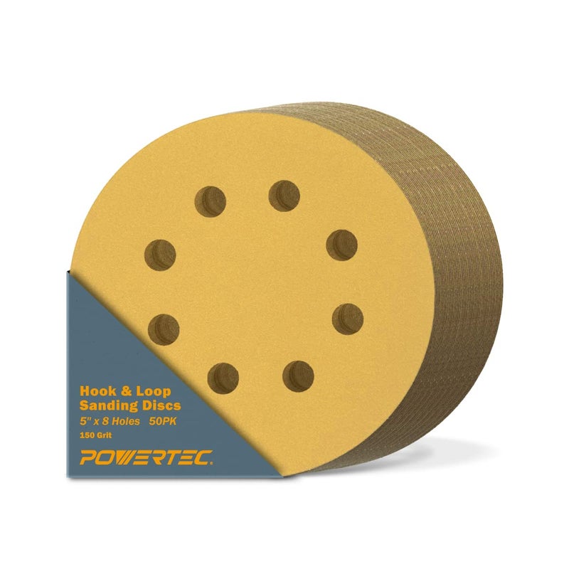 POWERTEC 50 PCS 150 Grit 5 Inch 8 Hole Hook and Loop Sanding Discs 5 Sanding Pads for Automotive Drywall Woodworking with Orbital DA Air sander 44015G50