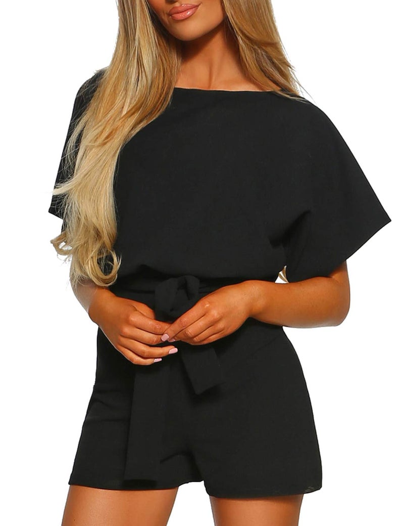 Vetinee Womens Black Summer Casual Belted Romper Keyhole Back Short Sleeve Jumpsuit Playsuit X-Small Size 0 Size 2 - Image 3