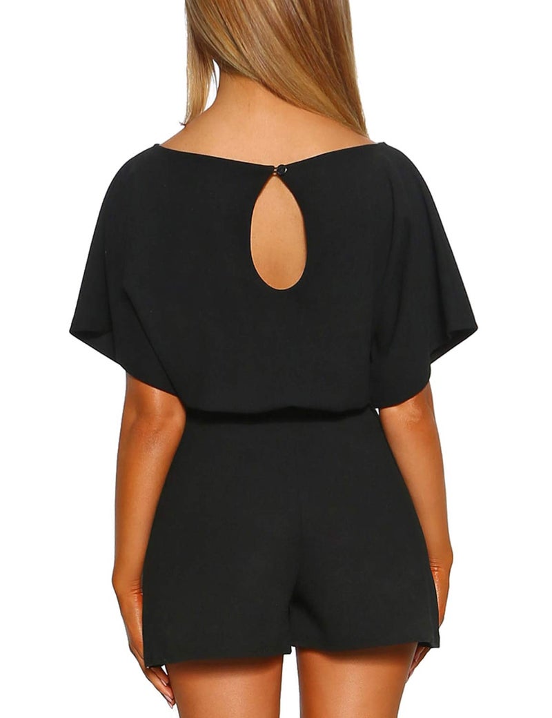 Vetinee Womens Black Summer Casual Belted Romper Keyhole Back Short Sleeve Jumpsuit Playsuit X-Small Size 0 Size 2 - Image 2