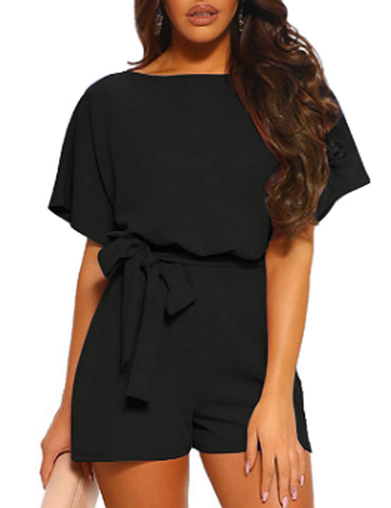 Vetinee Womens Black Summer Casual Belted Romper Keyhole Back Short Sleeve Jumpsuit Playsuit X-Small Size 0 Size 2 - Image 4