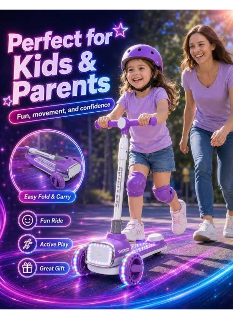 Kids 3-Wheel Scooter with LED Lights, Music & Front Headlight – Adjustable Handlebar – Rear Brake – Ages 3–12 - Image 2