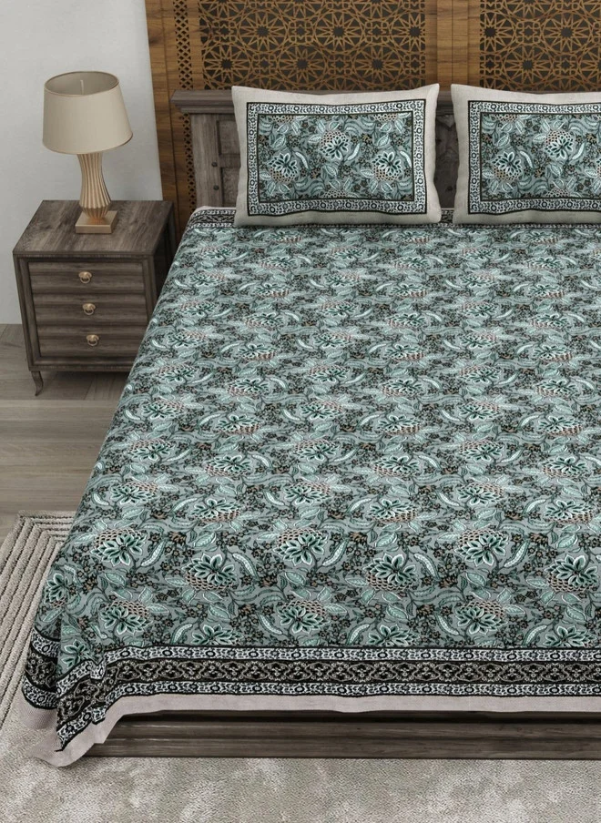 CLOTHOLOGY CLOTHOLOGY Sea Green & Grey Printed Pure Cotton 180 TC King Bedsheet Set