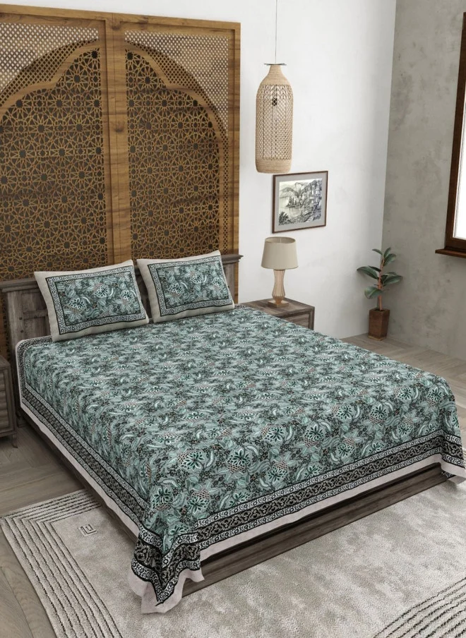CLOTHOLOGY CLOTHOLOGY Sea Green & Grey Printed Pure Cotton 180 TC King Bedsheet Set