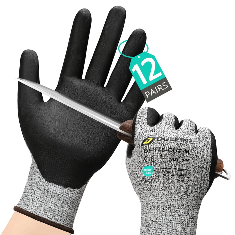 DULFINE A3 Cut Resistant Work Gloves for Men Women,Touchscreen Foam Nitrile Coated,12 Pairs Pack,Ideal for,Glass Cutting(L) - Image 1