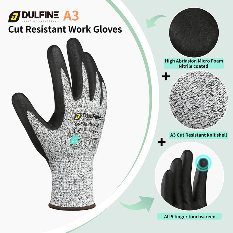 DULFINE A3 Cut Resistant Work Gloves for Men Women,Touchscreen Foam Nitrile Coated,12 Pairs Pack,Ideal for,Glass Cutting(L) - Image 2