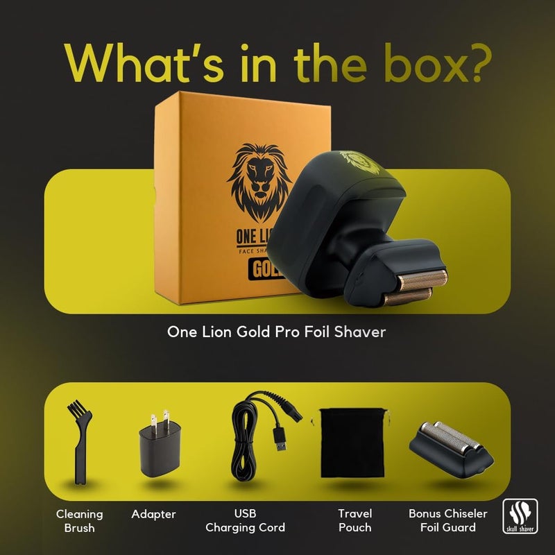 Skull Shaver One Lion Gold Pro Face Shaver for Men - Electric Shaver with Stepped Twin Foil, Gold - Image 4