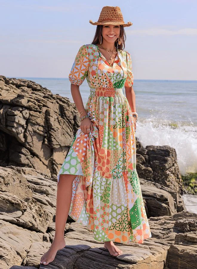 Take Two Take Two Printed Balloon Sleeve Tie-Up Neck Maxi Dress