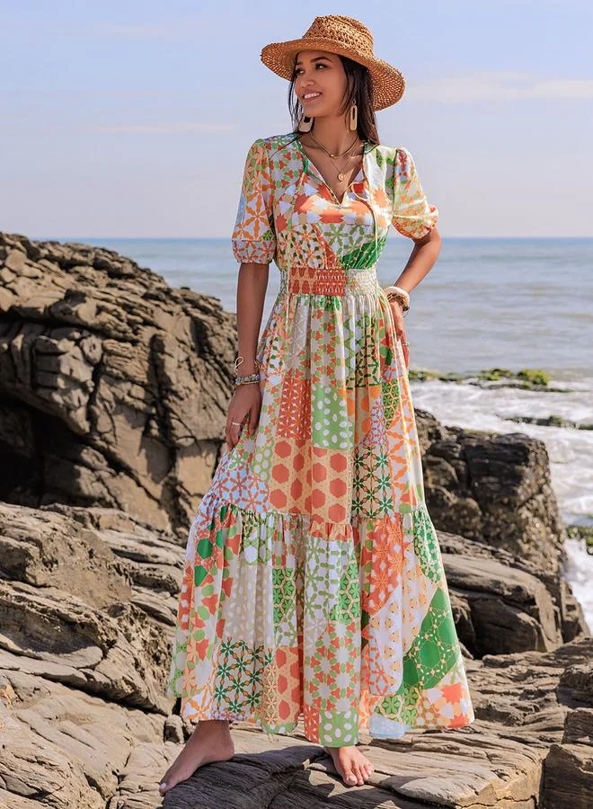 Take Two Take Two Printed Balloon Sleeve Tie-Up Neck Maxi Dress