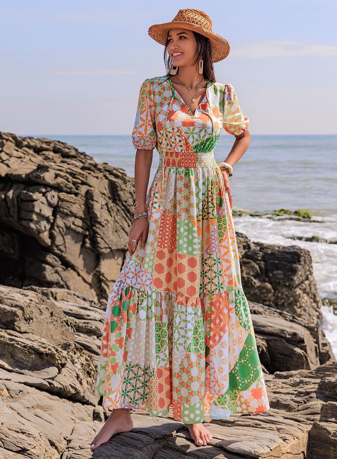 تايك تو فستان ماكسي بأكمام بالون مطبوعة وربطة عنق - Image 3