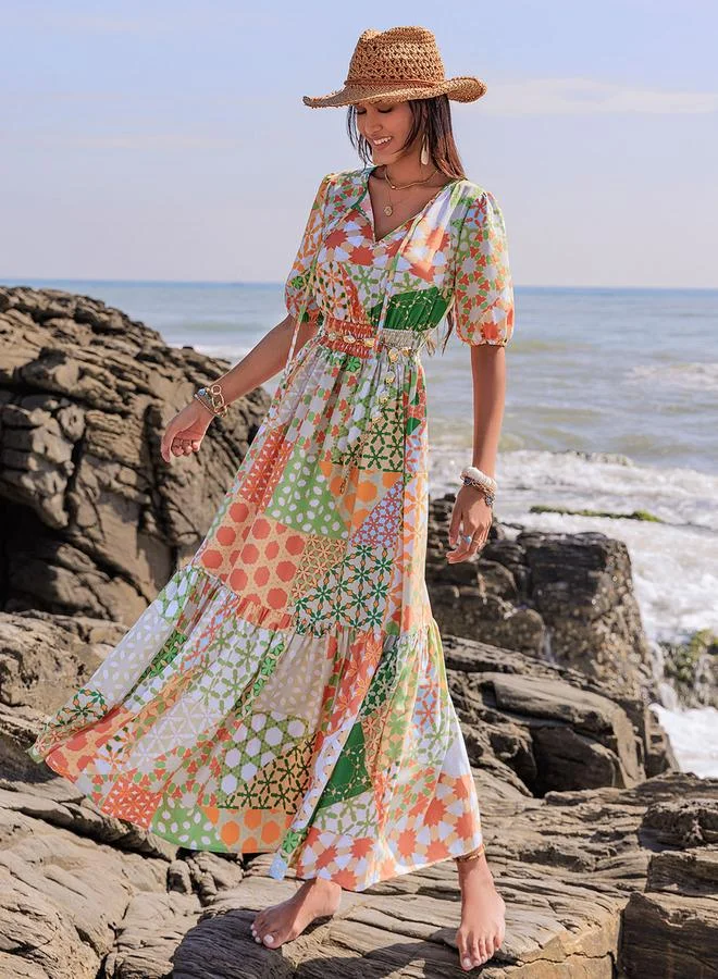 Take Two Take Two Printed Balloon Sleeve Tie-Up Neck Maxi Dress