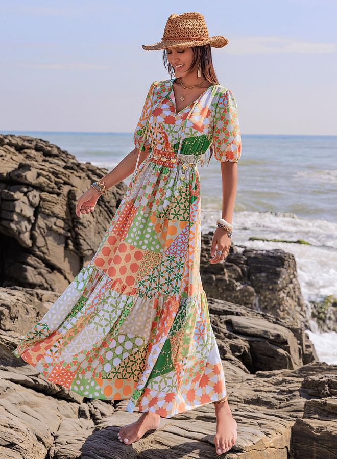 تايك تو فستان ماكسي بأكمام بالون مطبوعة وربطة عنق - Image 4