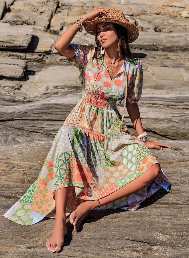 Take Two Take Two Printed Balloon Sleeve Tie-Up Neck Maxi Dress