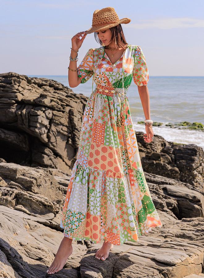 تايك تو فستان ماكسي بأكمام بالون مطبوعة وربطة عنق - Image 5