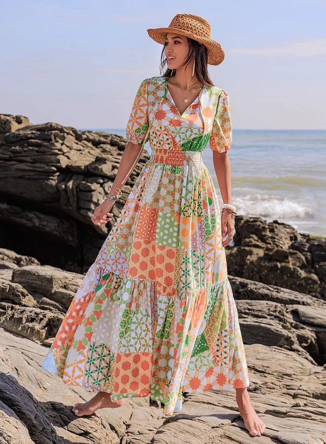 Take Two Take Two Printed Balloon Sleeve Tie-Up Neck Maxi Dress