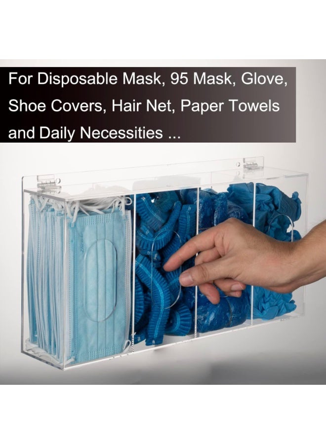 Slasa SLASA Wall Mounted PPE Dispenser Organizer – Acrylic 4-Compartment Holder for Face Masks, Gloves, Sanitizer, Hairnets, Tissue – Clear Hygiene Box for Clinic, Office, Salon (40 x 22.5 x 9.5 cm)  - Image 1