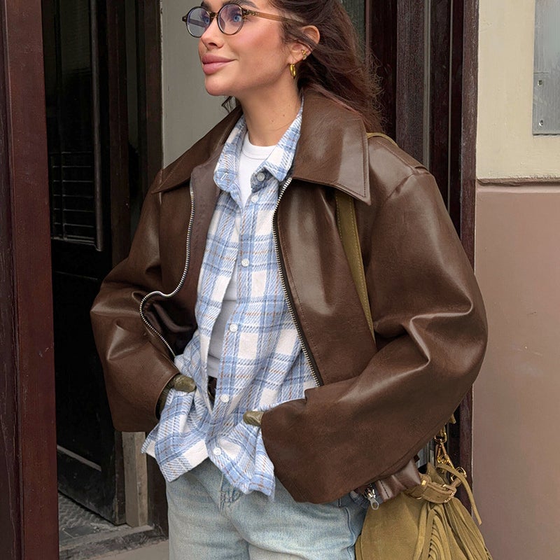 Generic Motorcycle style leather jacket 2024 Europe and the United States autumn and winter new loose coat fashion cross-border leather coat new womens coat Brown - Image 1