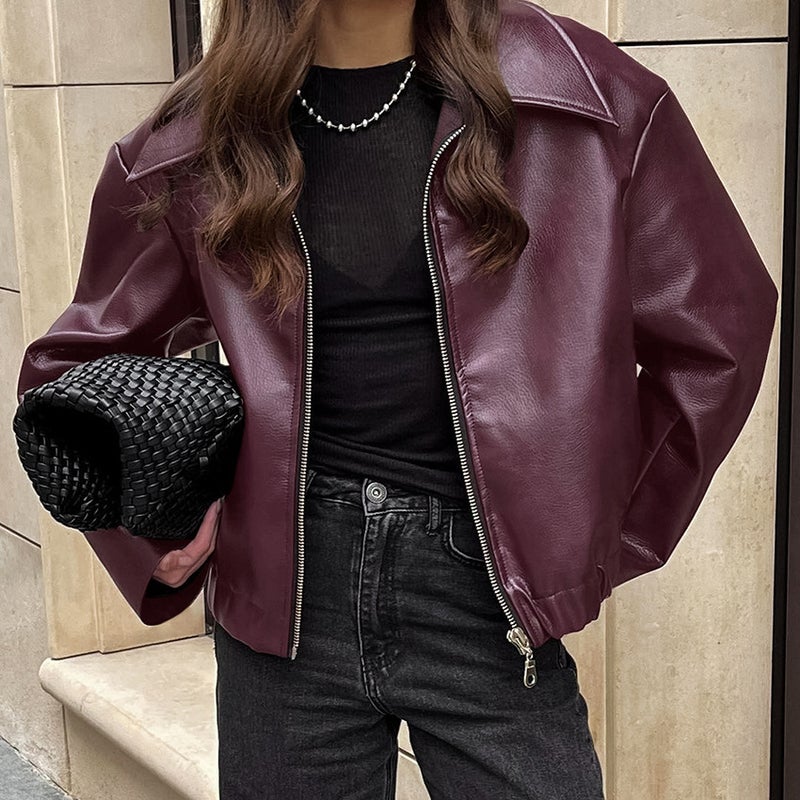 Generic Motorcycle style leather jacket 2024 Europe and the United States autumn and winter new loose coat fashion cross-border leather coat new womens coat Brown - Image 2